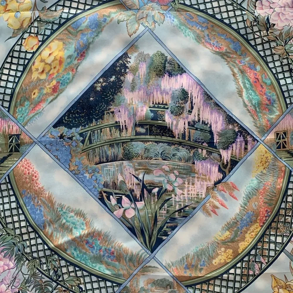 Herme's Claude Monet Giverny Garden Blue Pink Silk Scarf 35" square 1989 NIB - Picture 5 of 16